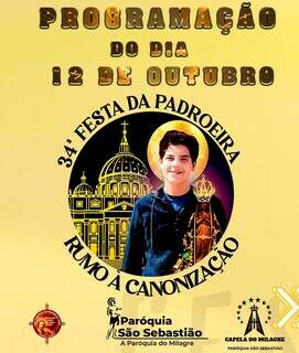 Banner da Capela Nossa Senhora Aparecida, no Jardim Marabá, que realizará uma missa em homenagem ao beato Carlo Acutis (Imagem: Divulgação)