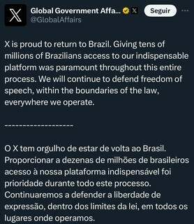 Perfil oficial do &#34;X&#34; celebrou retorno da rede ao Brasil.