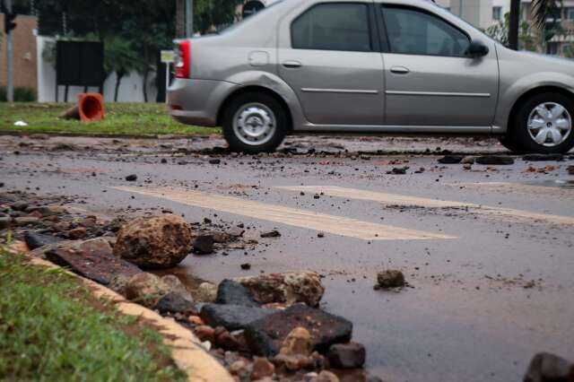 Avenida amanhece com pedras e galhos ap&oacute;s temporal com ventos