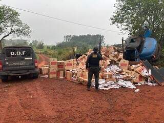 Polícial do DOF próximo ao caminhão tombado, que estava carregado com caixas de cigarros (Foto: Divulgação)