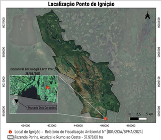 Ponto de ignição do fogo fica a 400 metros de área de pousada. (Foto: Reprodução)