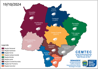 Mapa mostra mínimas e máximas para o sábado (19), em Mato Grosso do Sul. (Arte: Cemtec)