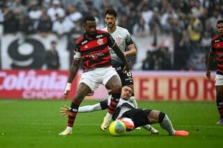 Jogadores disputam a posse da bola no gramado da Neo Química Arena, em São Paulo (SP). (Foto: Marcelo Cortes/Flamengo)