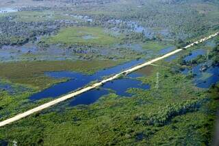 Imagem aérea de uma estrada em meio a áreas alagadas do Pantanal no período das cheias (Foto: Silvio Andrade)