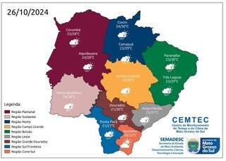 Previsão do Cemtec indica pancadas de chuva em todo o Estado durante o sábado (Imagem: Reprodução)