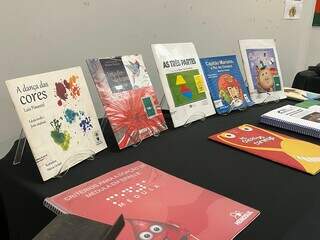 Stand de livros em braile em parceria com o Instituto Sul-mato-grossense Para Cegos Florisvaldo Vargas e o acervo da Fundação de Cultura do Estado (Foto: Barbara Campiteli)