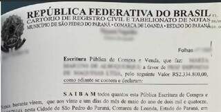 Escritura sobre venda de fazenda em MS e lavrada em cartório do Paraná. (Foto: Reprodução)