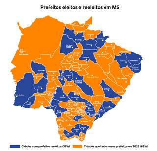 Mapa mostra cidades com prefeitos reeleitos e eleitos para mandato de 2025 a 2028 (Foto: Lennon Almeida)