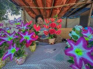 Há 29 anos, Lurdes produz flores para vender no Cemitério Santo Antônio. (Foto: Marcos Maluf)