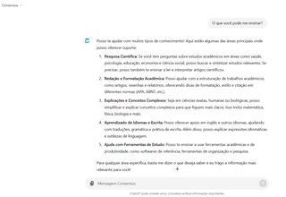 GPT sobre ensino acadêmico indica sobre o que pode ensinar. (Foto: Reprodução)