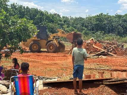 Famílias veem patrola destruindo casas construídas dentro de terreno público