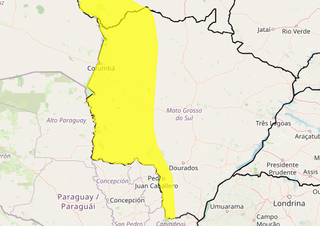 Área em amarelo indica risco de tempestade em parte de MS (Arte: Inmet)