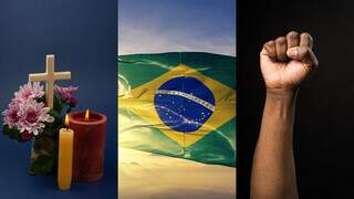 Da esquerda para direita: velas, bandeira do Brasil e punho de uma pessoa preta; novembro traz três feriados nacionais que celebram a história e relembram o passado (Fotos: Banco de imagens)