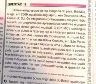 Questão do Enem de 2023 sobre o grupo de rap indígena Brô MCs (Foto: Reprodução)