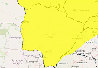 Área em amarelo indica risco de chuva intensa em todo MS. (Arte: Inmet)