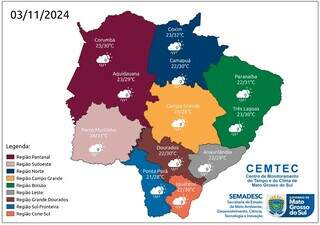 Mapa do Cemtec mostra probabilidade de chuva intensa e raios em todo MS no domingo. (Foto: Reprodução)