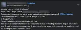 Outra postagem feita no mesmo grupo oferecendo recompensa por informações sobre Thiago