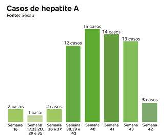 Casos de hepatite A registrados na Capital de abril a outubro deste ano. (Arte: Lennon Almeida)