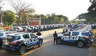 Viaturas da Polícia Militar compradas em 2021 (Foto: Saul Schramm/Governo de MS)