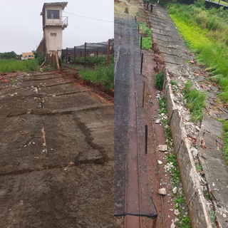 Muro caiu ao lado de uma das torres de vigilância (Fotos: Sinsap)