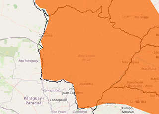 Área em laranja indica risco de chuva intensa em todo MS (Arte: Inmet)