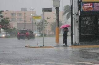 Pedestre tenta se proteger da chuva na região central (Foto: Marcos Maluf)