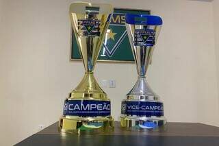 Troféus para campeão e vice da Série B Estadual (Foto: Rodrigo Moreira/FFMS)