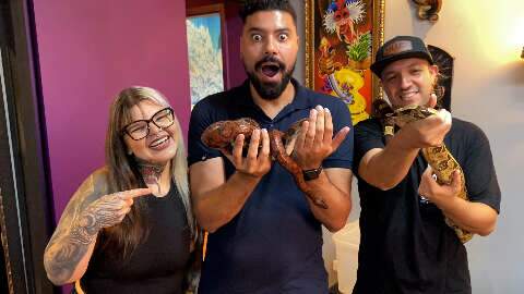 Casal de tatuadores criam duas cobras desde bebês