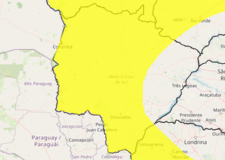 Área em amarelo indica risco de chuva intensa na maior parte de MS (Arte: Inmet)