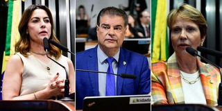 Da esquerda para direita, os senadores sul-mato-grossenses Soraya Thronicke (Podemos), Nelsinho Trad (PSD) e Tereza Cristina (PP). (Foto: Reprodução/Agência Senado)