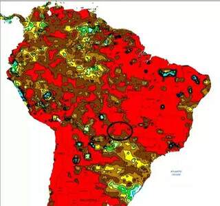 Dados do Climate Prediction Center, dos Estados Unidos, indicam chuvas entre 25 e 50% do esperado para a Bacia do Alto Paraguai (círculo no centro da imagem) de junho a setembro de 2024.