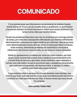 Comunicado assinado pelas responsáveis do Instituto Guarda Animal.