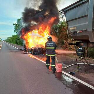 Bombeiro controlando chamas que atingiram cavalo de carreta (Foto: Divulgação/CBMS)