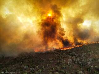 Imagem aérea de incêndio florestal consumindo pastagem no Pantanal (Foto: Gustavo Figuerôa/SOS Pantanal)