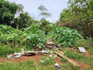 Restos de madeiras e embalagens de marmitas descartados em terreno, na Rua Marco Feliz (Foto: Geniffer Valeriano)