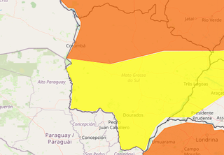 Áreas em amarelo e laranja indicam risco de chuva forte em MS (Arte: Inmet)