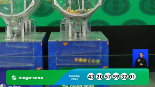 Concurso 2.803 da Mega-Sena teve como dezenas: 1, 20, 32, 43, 57, 59. (Foto: Reprodução/Caixa)