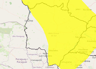 Área em amarelo indica risco de chuva intensa em parte de MS (Arte: Inmet)