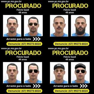 Versões criadas pela Polícia Civil para localizar Flávio Saad (Foto: Divulgação/PCMS)