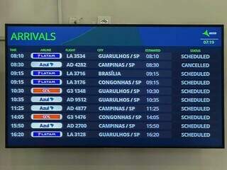 Painel do aeroporto indicava cancelamento de voo da Azul com destino a Campinas. (Foto: Marcos Maluf)