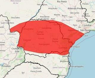 Mapa mostra mancha vermelha onde alerta de perigo foi emitido para MS, PR, SP e SC (Foto/Divulgação)