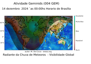 Mapa de visibilidade noturna durante a máxima atividade da chuva (Imagem: Reprodução/Observatório Nacional)