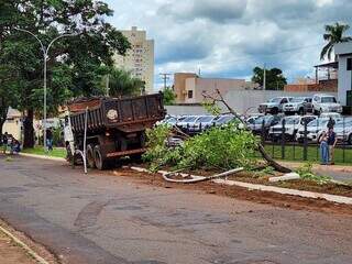 Caminhão parado no canteiro central da via. (Foto: Geniffer Valeriano)