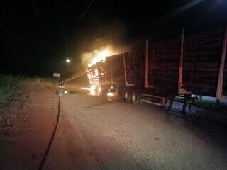 Carreta com carga de eucalipto pega fogo em frente &agrave; base da PRF, na BR-262