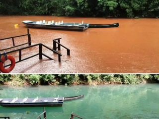 Imagens do Rio da Prata com lama, em 2018 e, mesmo local, dias antes da chuvas (Foto: Instituto Amigos do Rio da Prata).