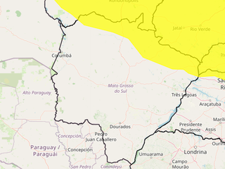 Área em amarelo indica risco de chuva intensa em parte de MS (Arte: Inmet)