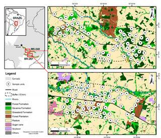 Áreas estudadas no estado de Mato Grosso do Sul. A paisagem agrícola nas duas rodovias (a estadual MS-040 e a federal BR-27) é bastante similar (Foto: Reprodução do artigo)