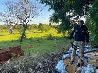 Inspetor Waldir Brasil sobre o caminhão e ao lado o helicóptero da PRF (Foto: Divulgação)