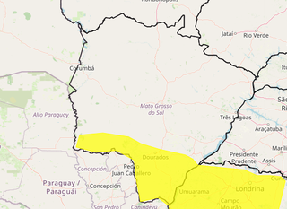 Área em amarelo indica risco de tempestade em parte de MS (Arte: Inmet)