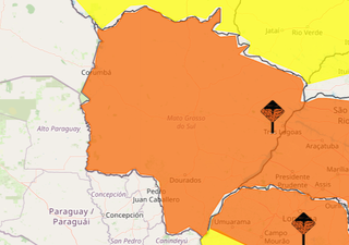 Área em laranja indica risco de temporal em todas as regiões de MS (Arte: Inmet)